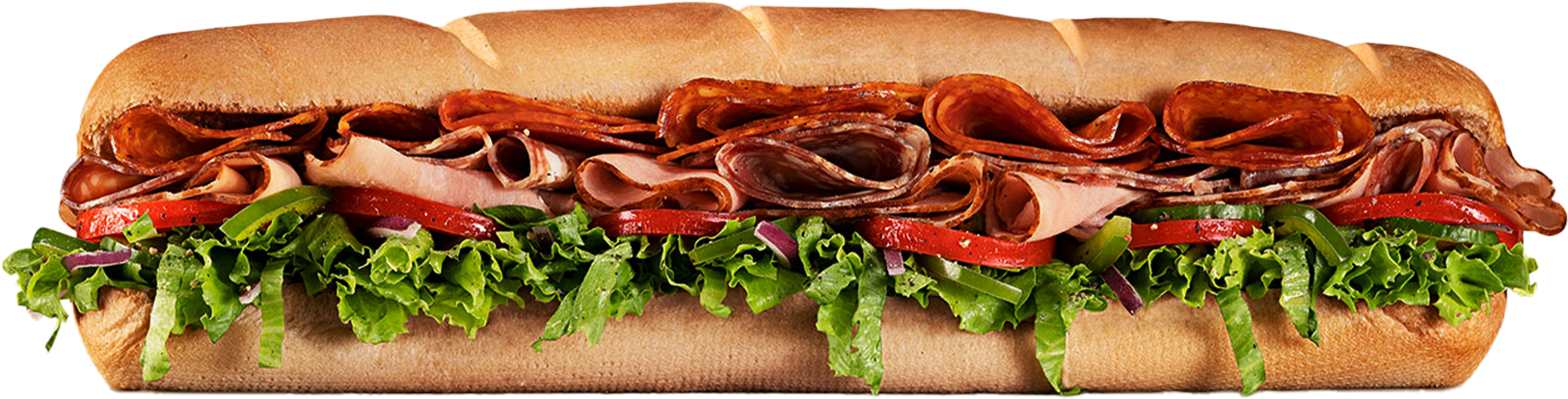 Sanduíche Subway longo recheado com fatias generosas de pepperoni, salame e presunto, acompanhado de alface crocante, tomate fresco e cebola roxa, dentro de pão artesanal dourado. Uma opção deliciosa destacada no Subway Bogo Day